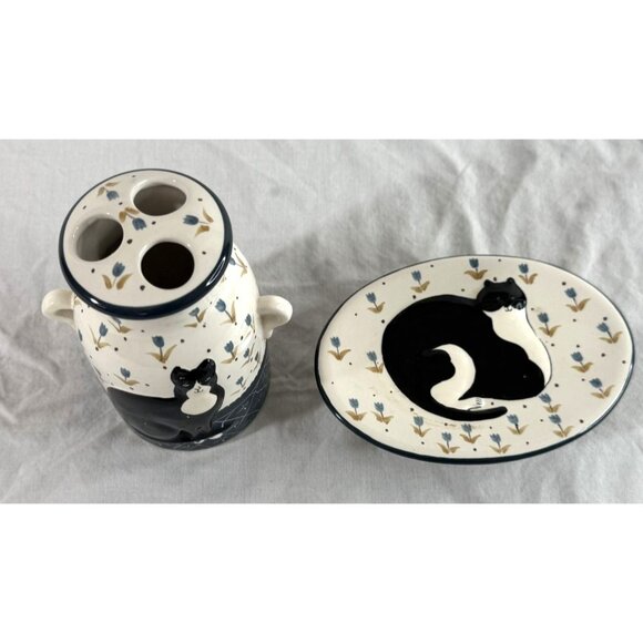 Vintage Warren Kimble Ceramic Cat Toothbrush Holder & Soap Dish Set - Picture 2 of 6